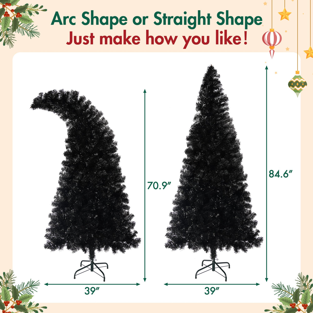 6Ft Curved Hat-Look Black Holiday Tree with Orange & Purple Lights