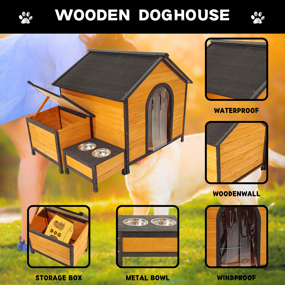 XPT088 Wearable and Strong Wooden Dog House with Metal Bowls and Toy Box