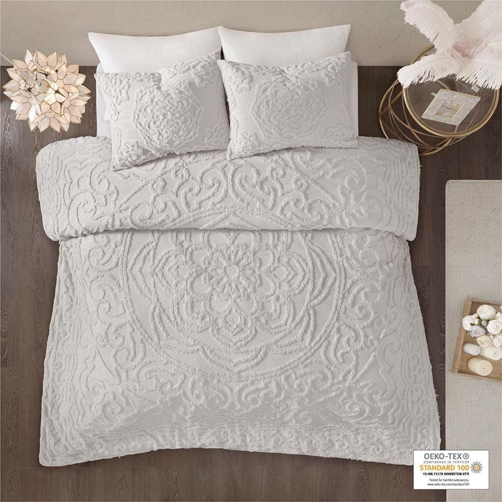 King/Cal King 3-Piece Tufted Cotton Chenille Medallion Duvet Cover Set