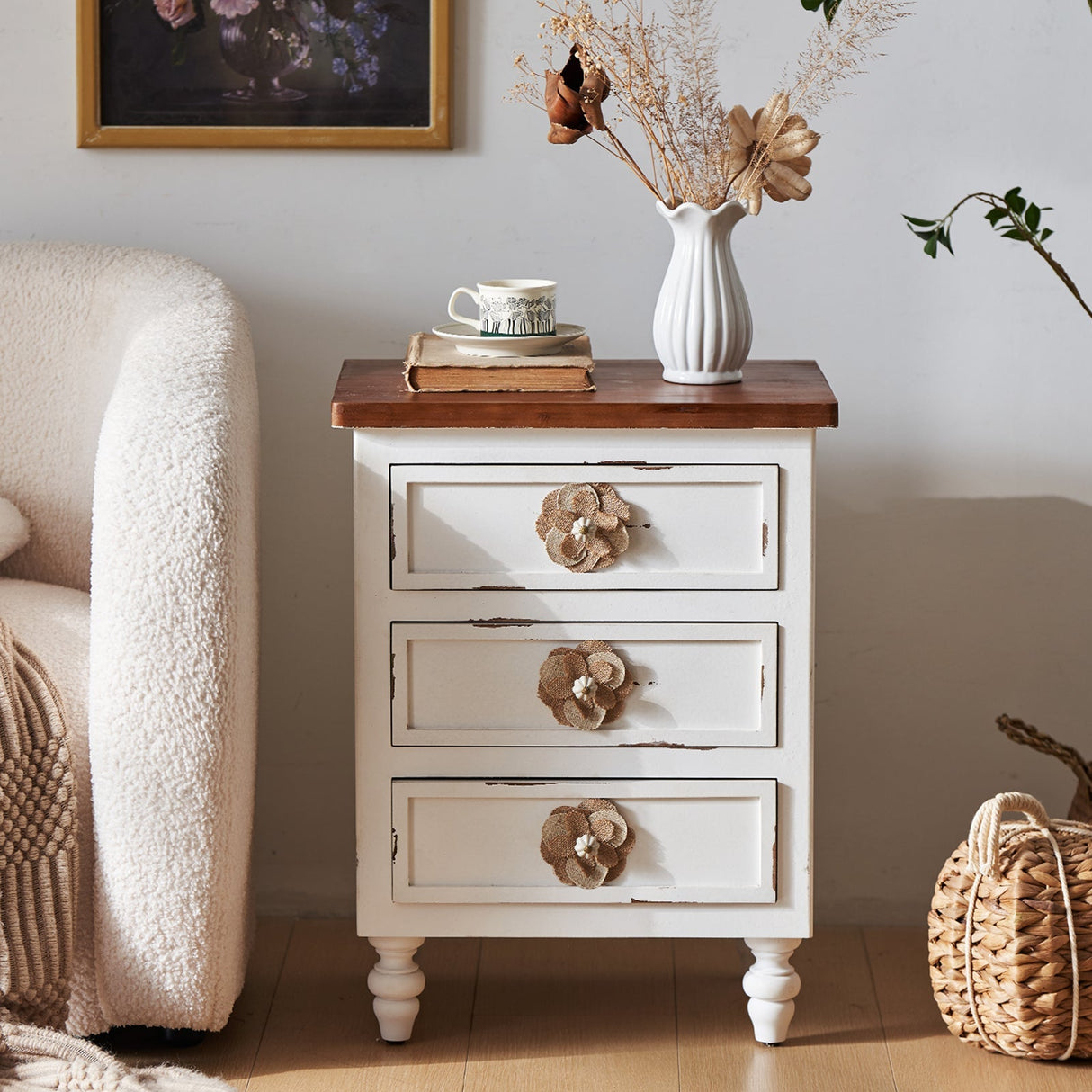 Rustic Dark Blue 3-Drawer Wooden Cabinet with Aged Finish & Floral Handles