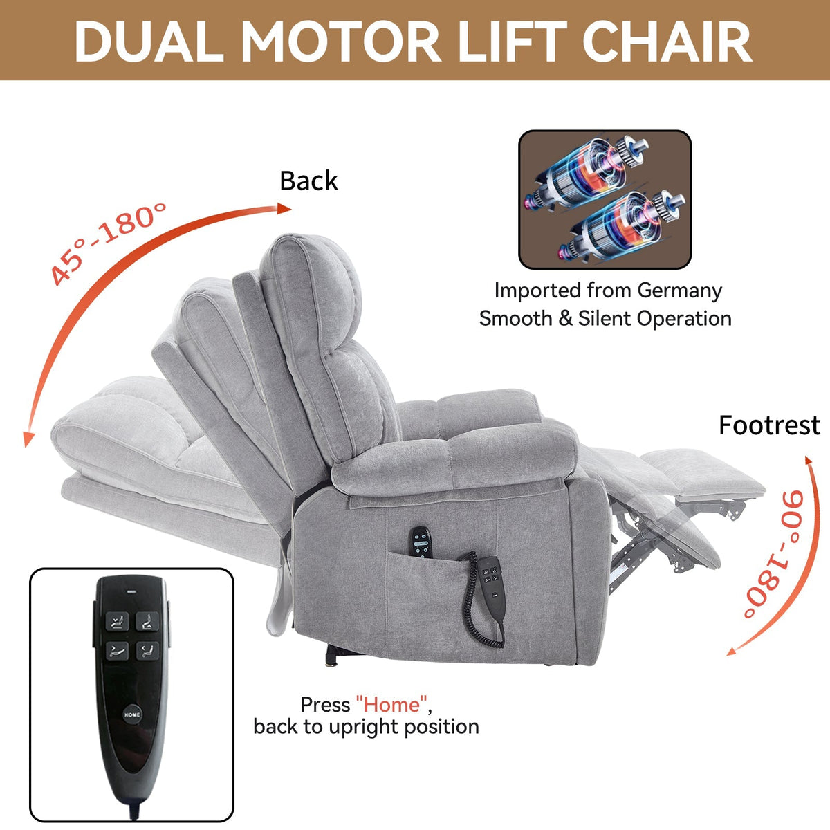Grey Heat Massage Dual Motor Power Lift Recliner with Chenille Upholstery - Grey