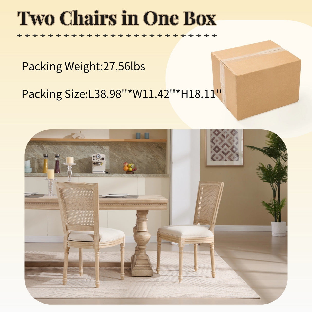 French Country Dining Chairs Set of 2 Upholstered With Natural Rattan Back