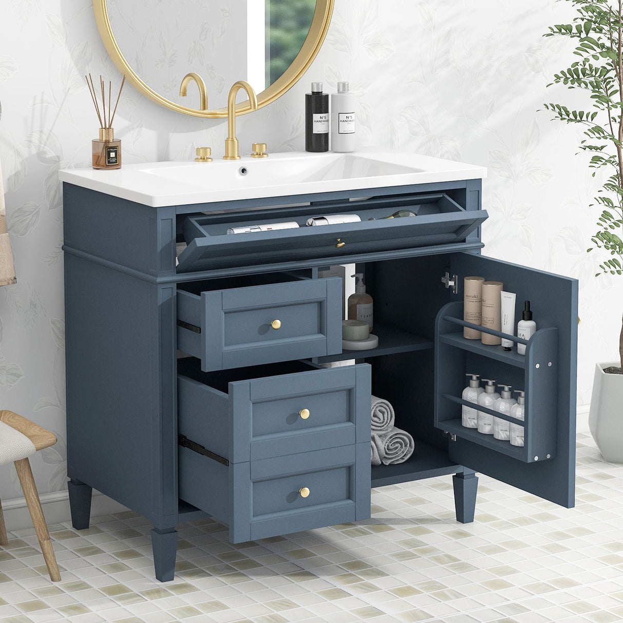 Bathroom Vanity With Top Sink, Storage Cabinet With 2 Drawers And Tip Out Drawer