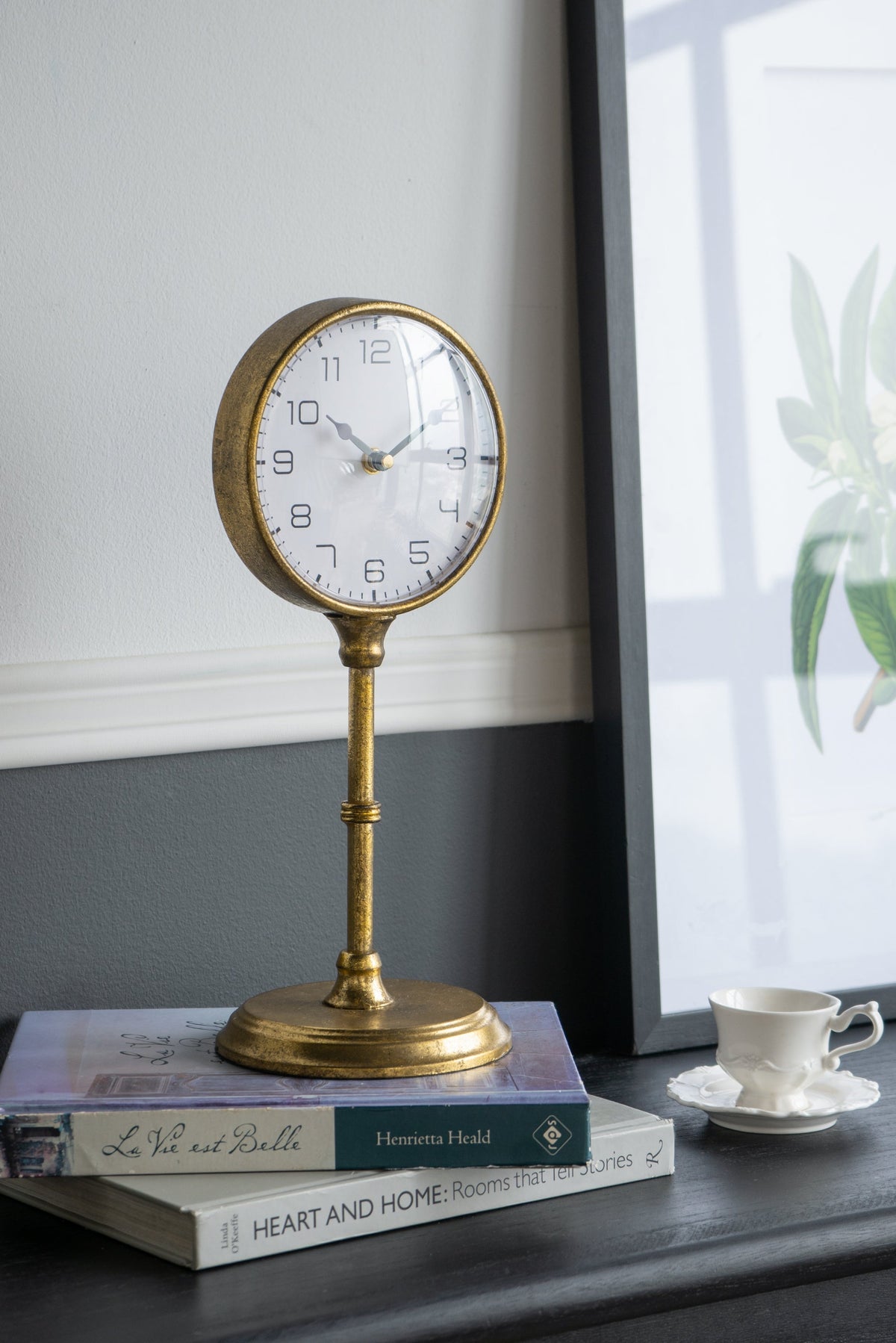Vintage Inspired Gold Iron Table Clock with Pedestal Design - Gold