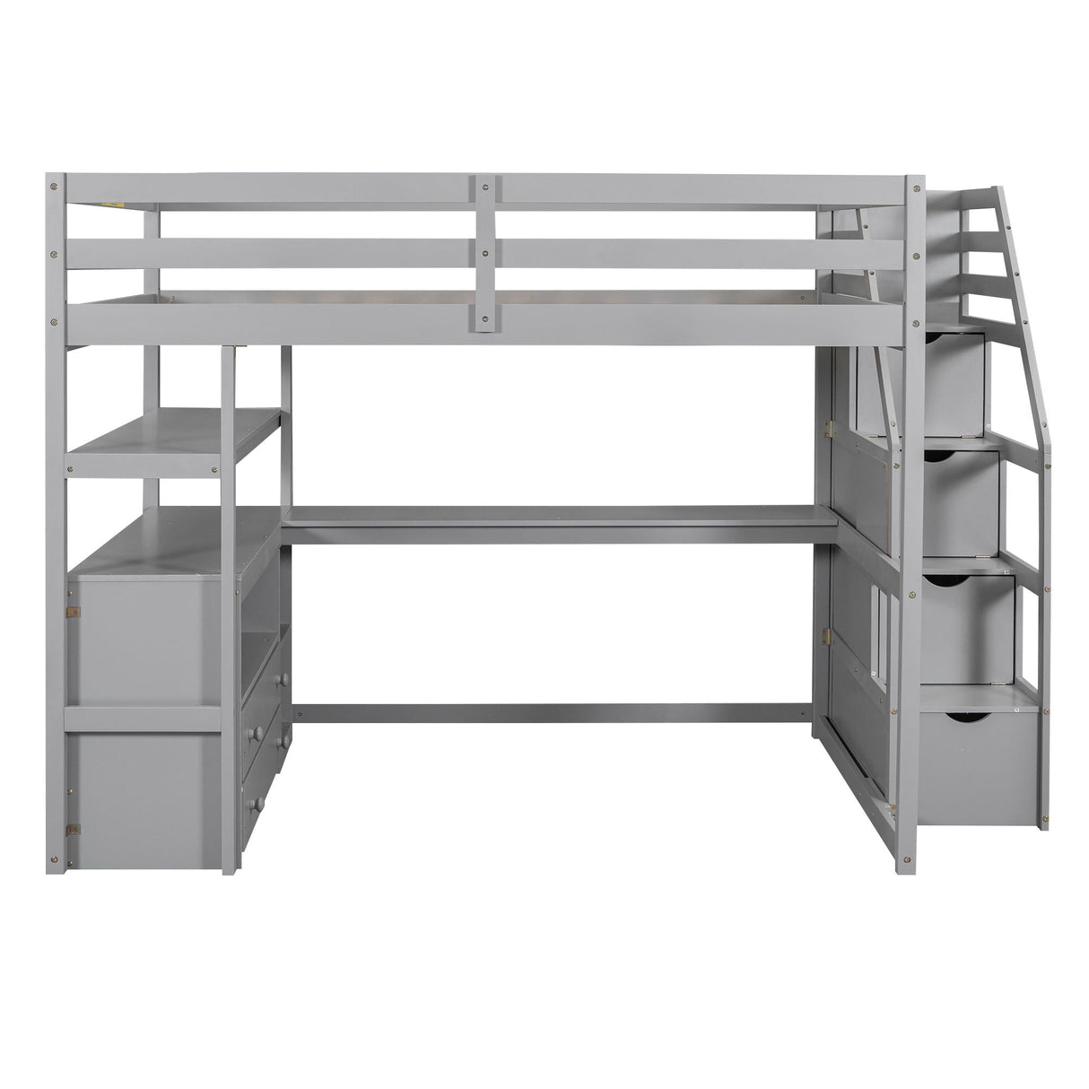 Loft Bed With Desk, Shelves, 2 Drawers, Storage Staircase
