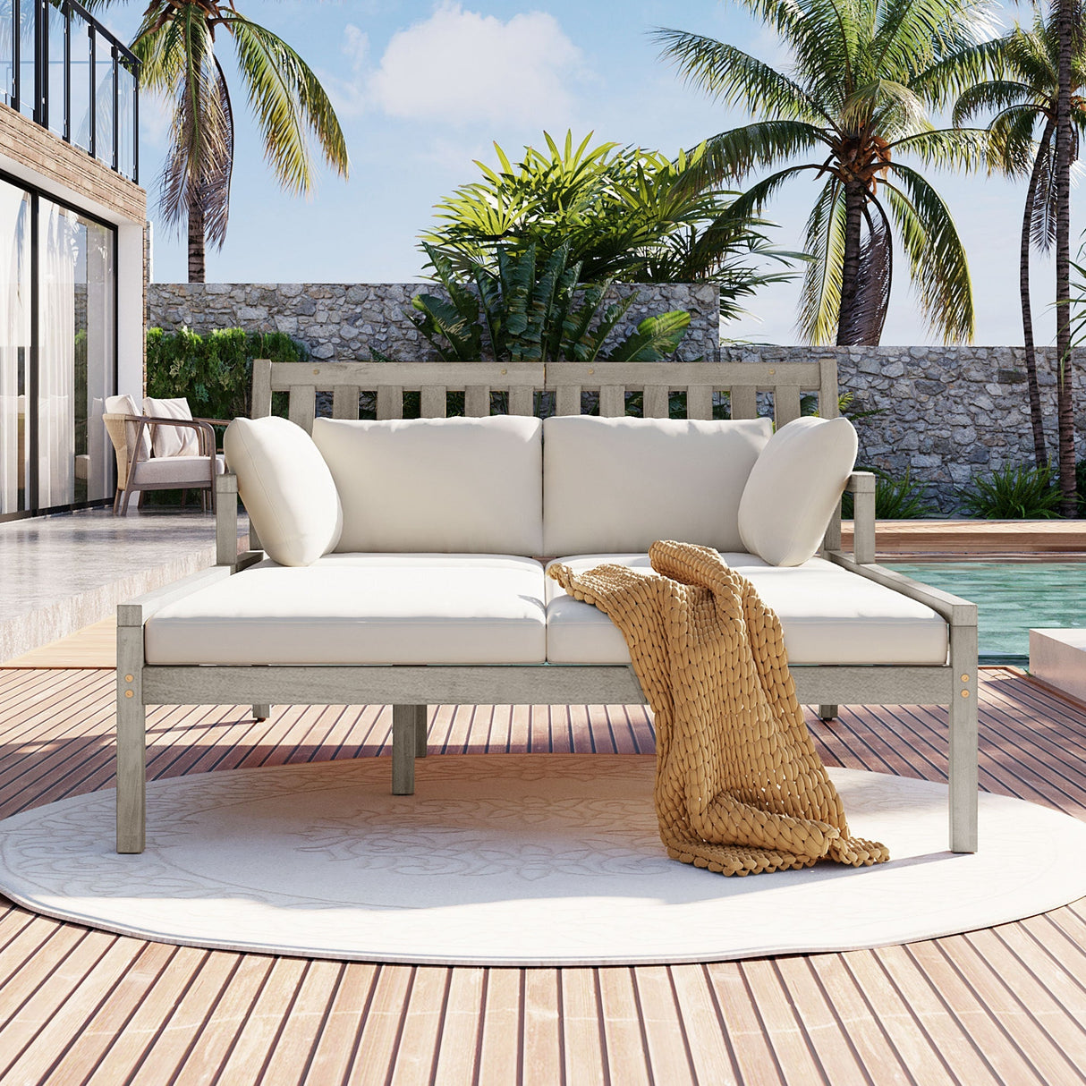 Outdoor Daybed With Four Pillows (Gray+Beige Cushion)