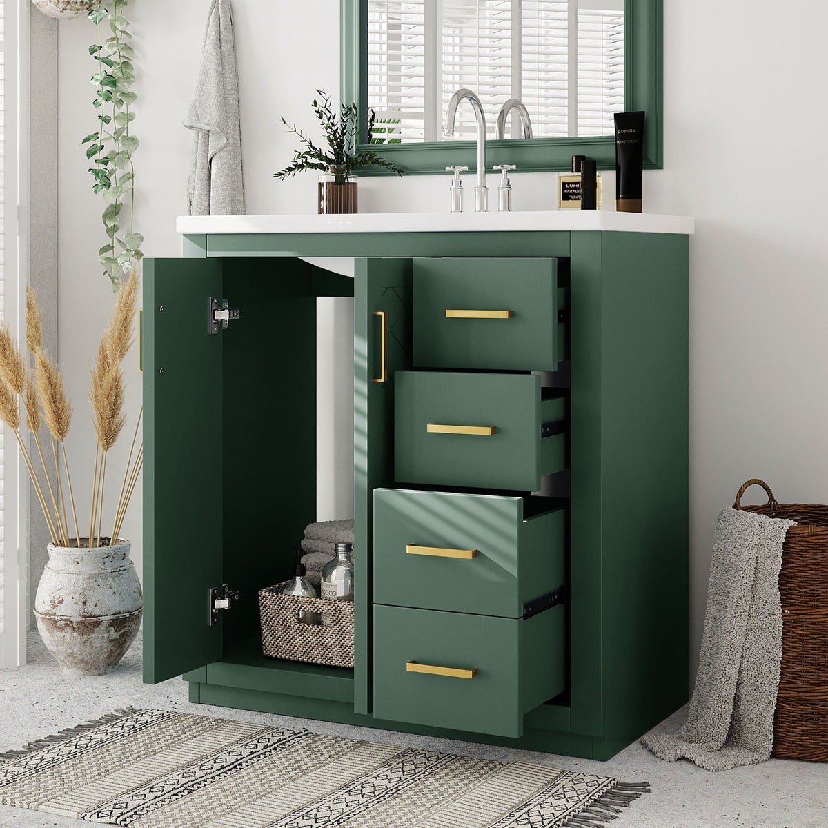 Bathroom Vanity with Ceramic Sink and Storage Cabinet - Dark Green, White, Black, or Blue