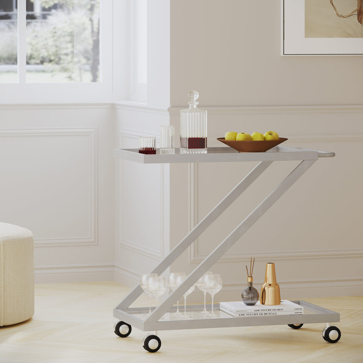 Modern Z-Shaped Bar Cart with Tempered Glass Shelves