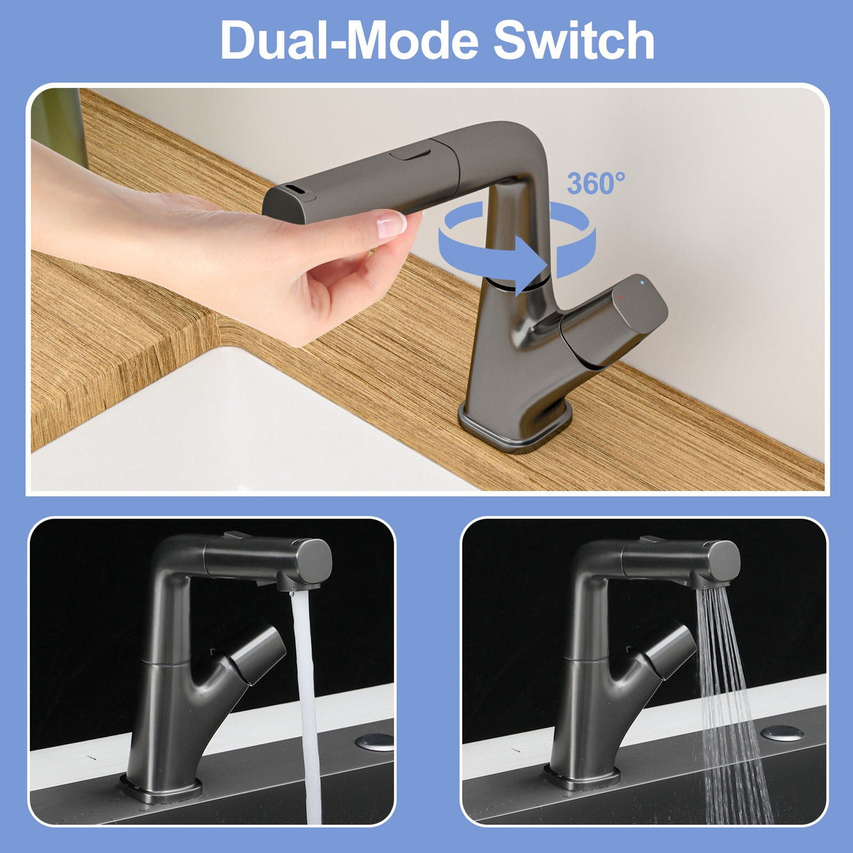 Pull Down Bathroom Sink Faucet With 3 Water Modes And Stainless Steel Construction - Gunmetal Black