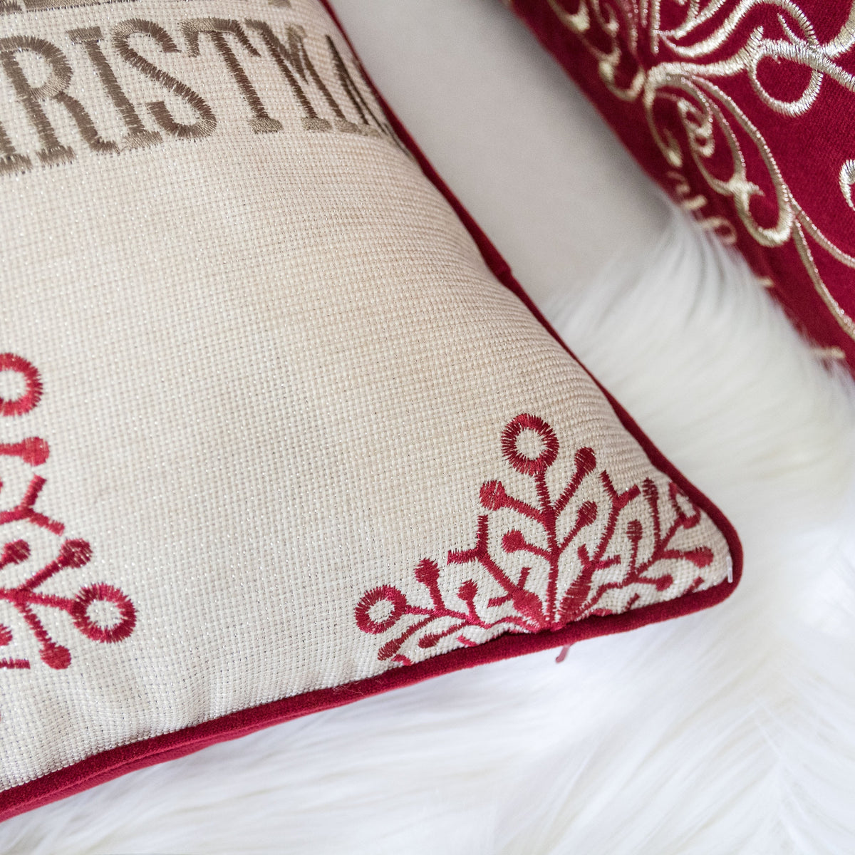 Merry Christmas Embroidered Poly Pillow with Festive Embroidery - Red