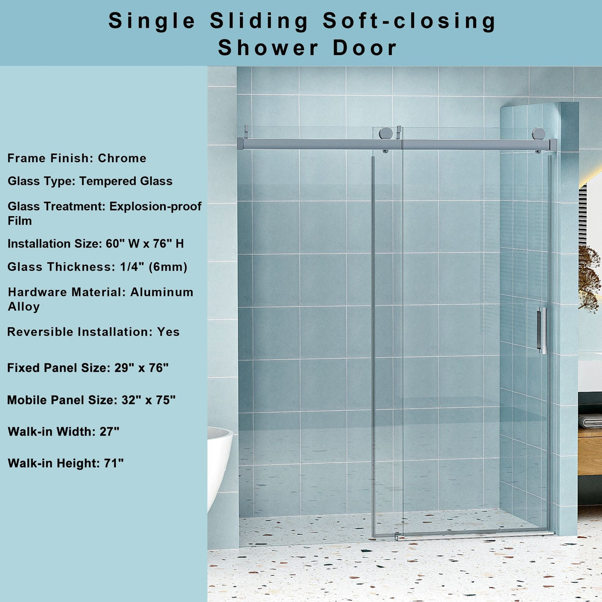 Frameless Soft-Closing Shower Door, 1/4" Tempered Glass Single Sliding