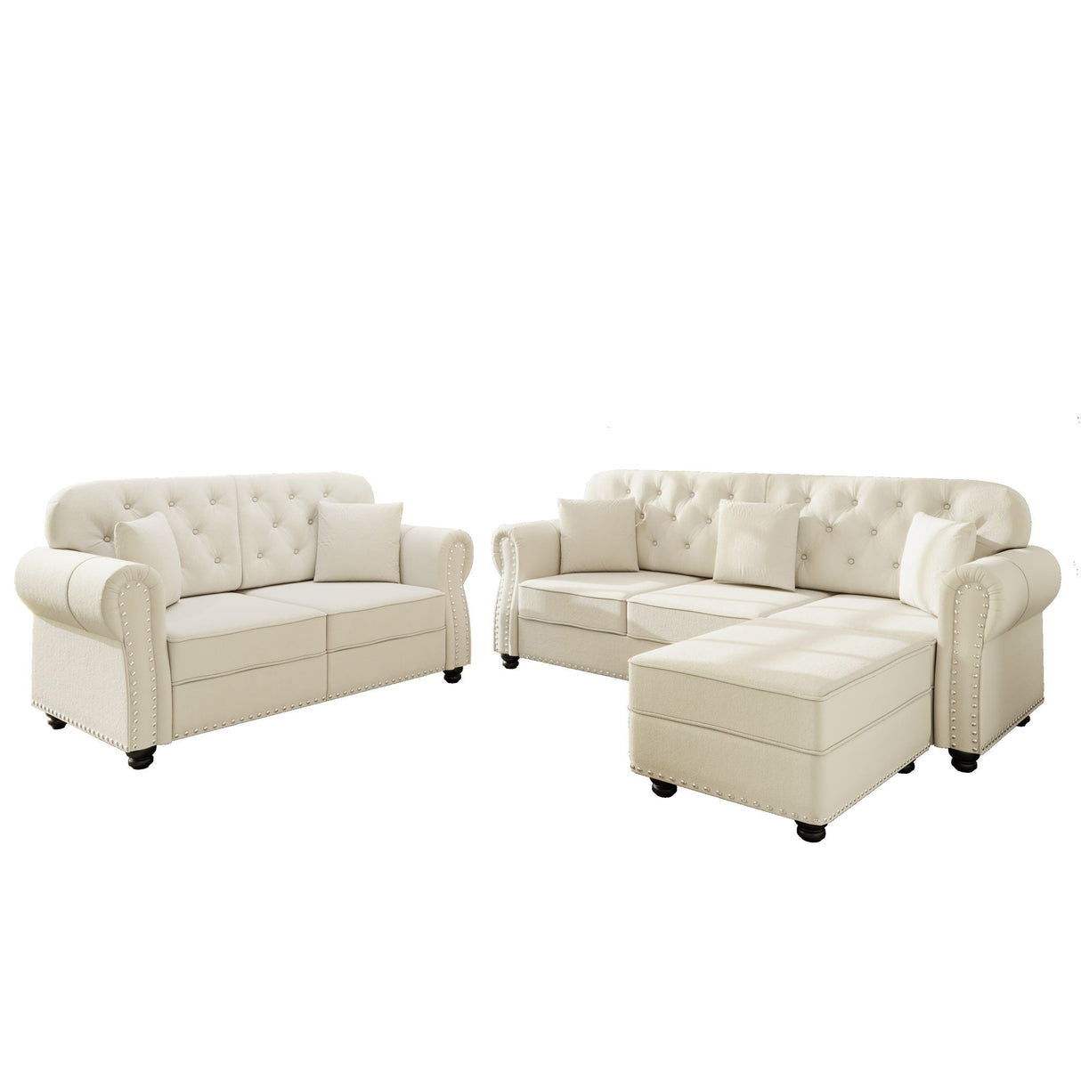 Upholstered Sofa Set With Nailhead Trim and Rolled Armrests, Includes Pillows