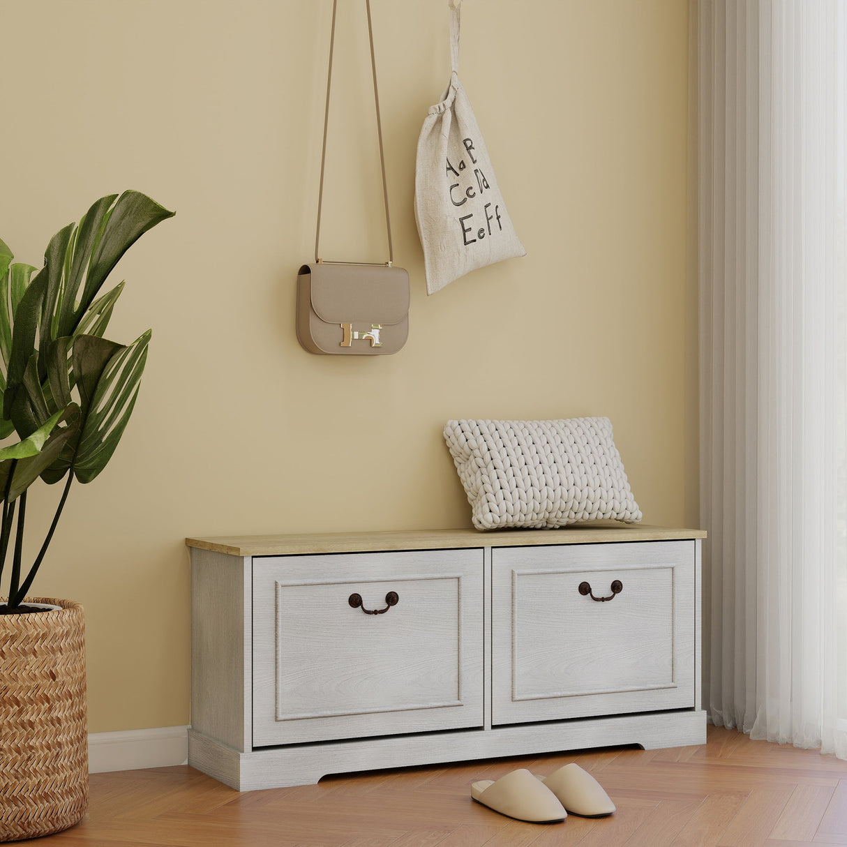 Shoe Storage Bench with 2 Flip Drawers and Adjustable Shelf - Antique