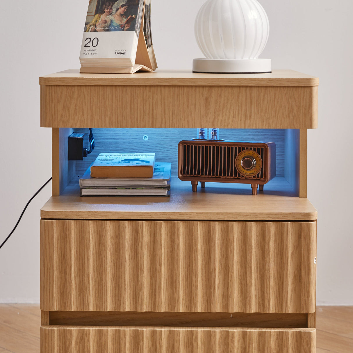 Modern Bedside Table with Gun Drawer,Bedside Table with Charging Station