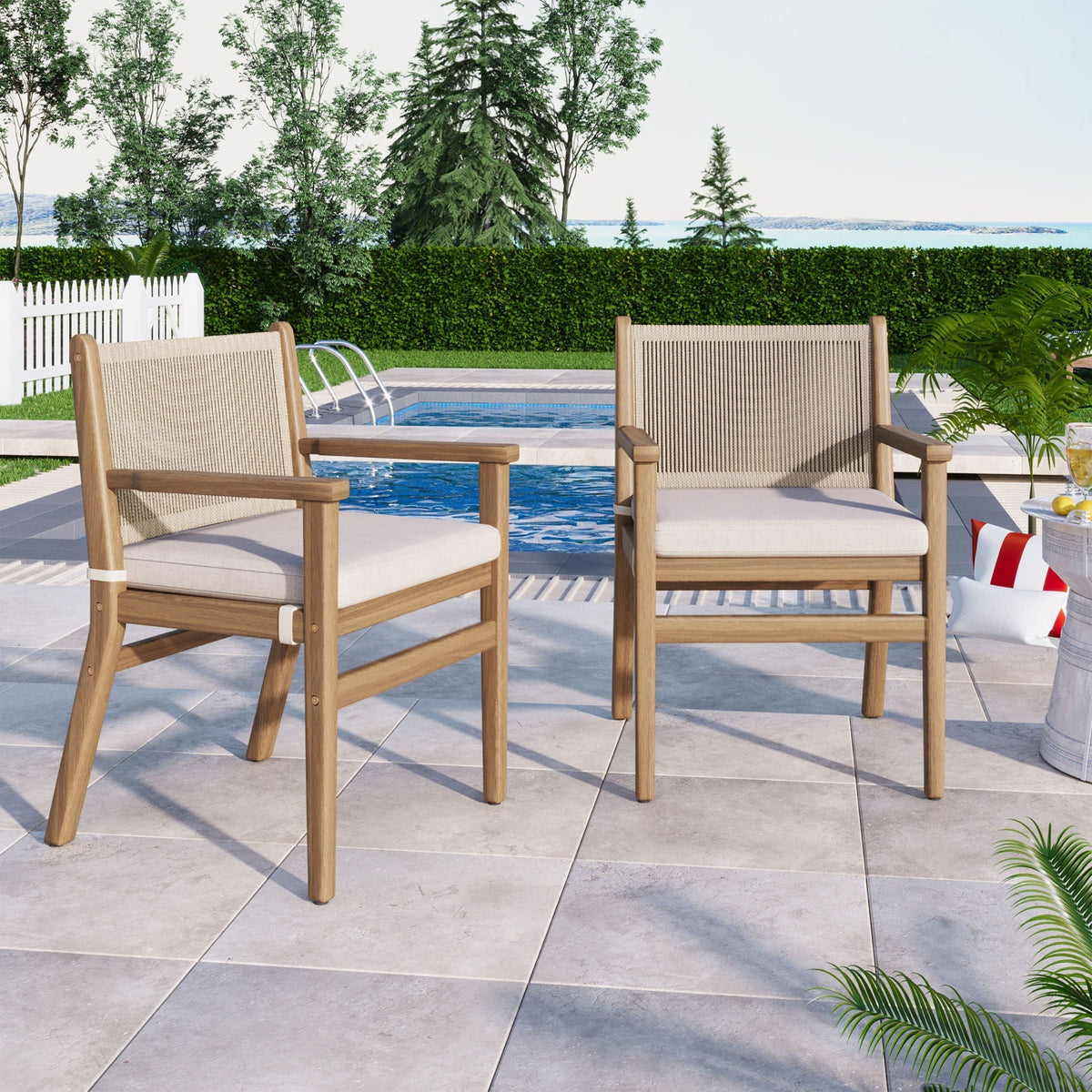 Outdoor Acacia Wood Patio Dining Armchair (Set of 2)