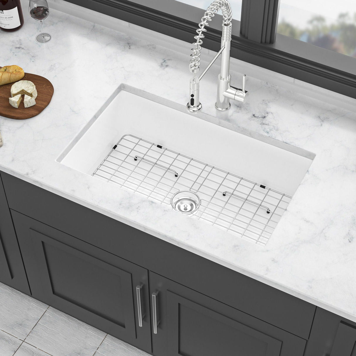 Elegant Farmhouse Apron Front Ceramic Single Bowl, Kitchen Basin