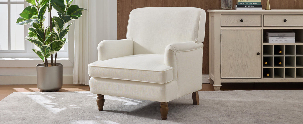 Vintage Upholstered Linen Fabric Armchair with Antique Solid Wood Legs