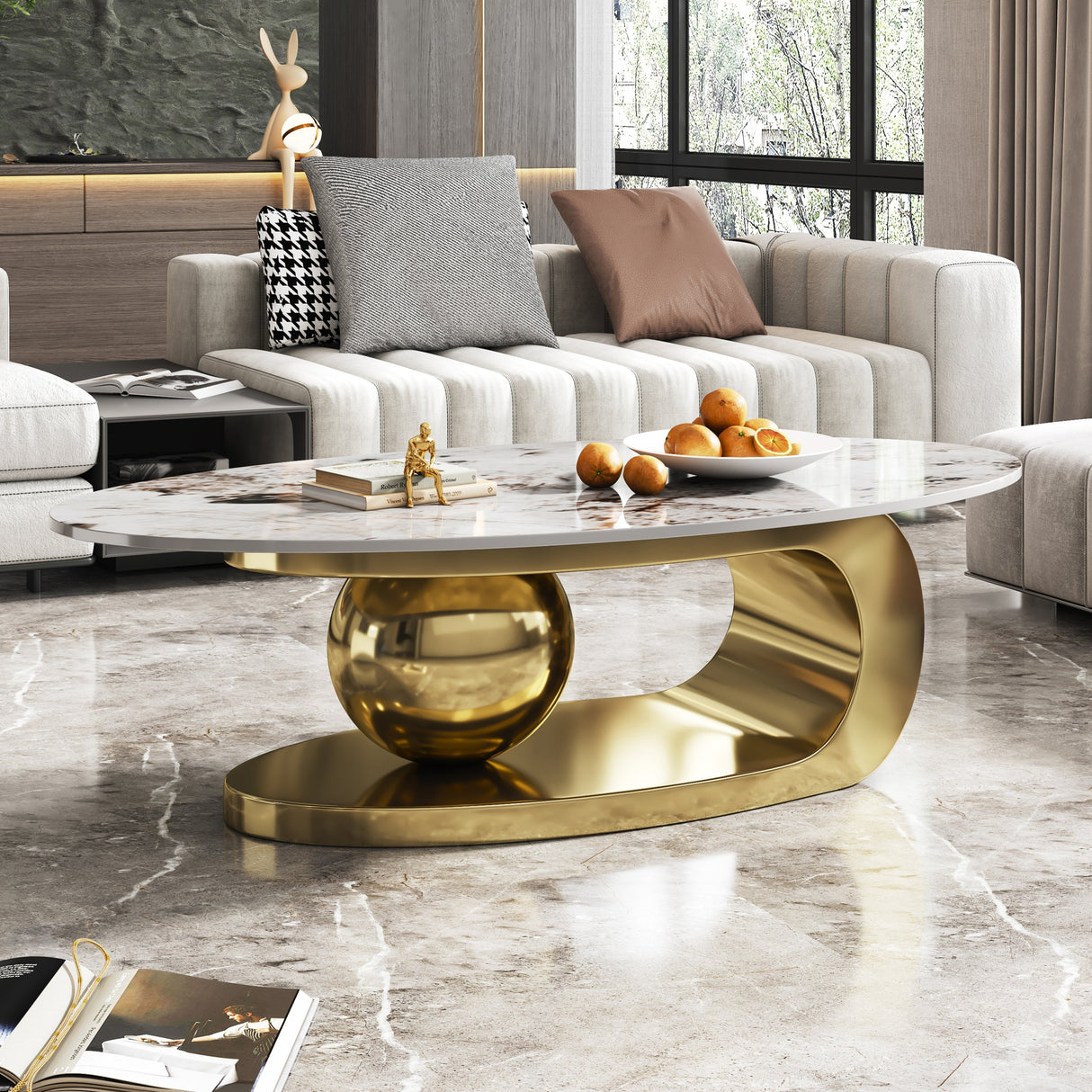 49.2 Inches Oval Faux Marble Coffee Table for Living Room with Stainless Steel Base