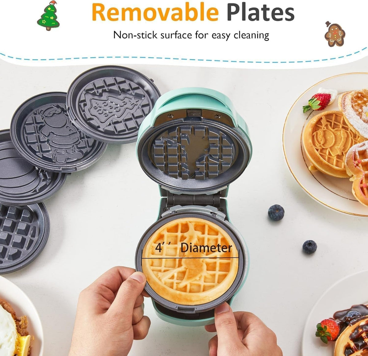 4" Kids Mini Waffle Maker - Waffle Iron with 6PCS Removable Plates