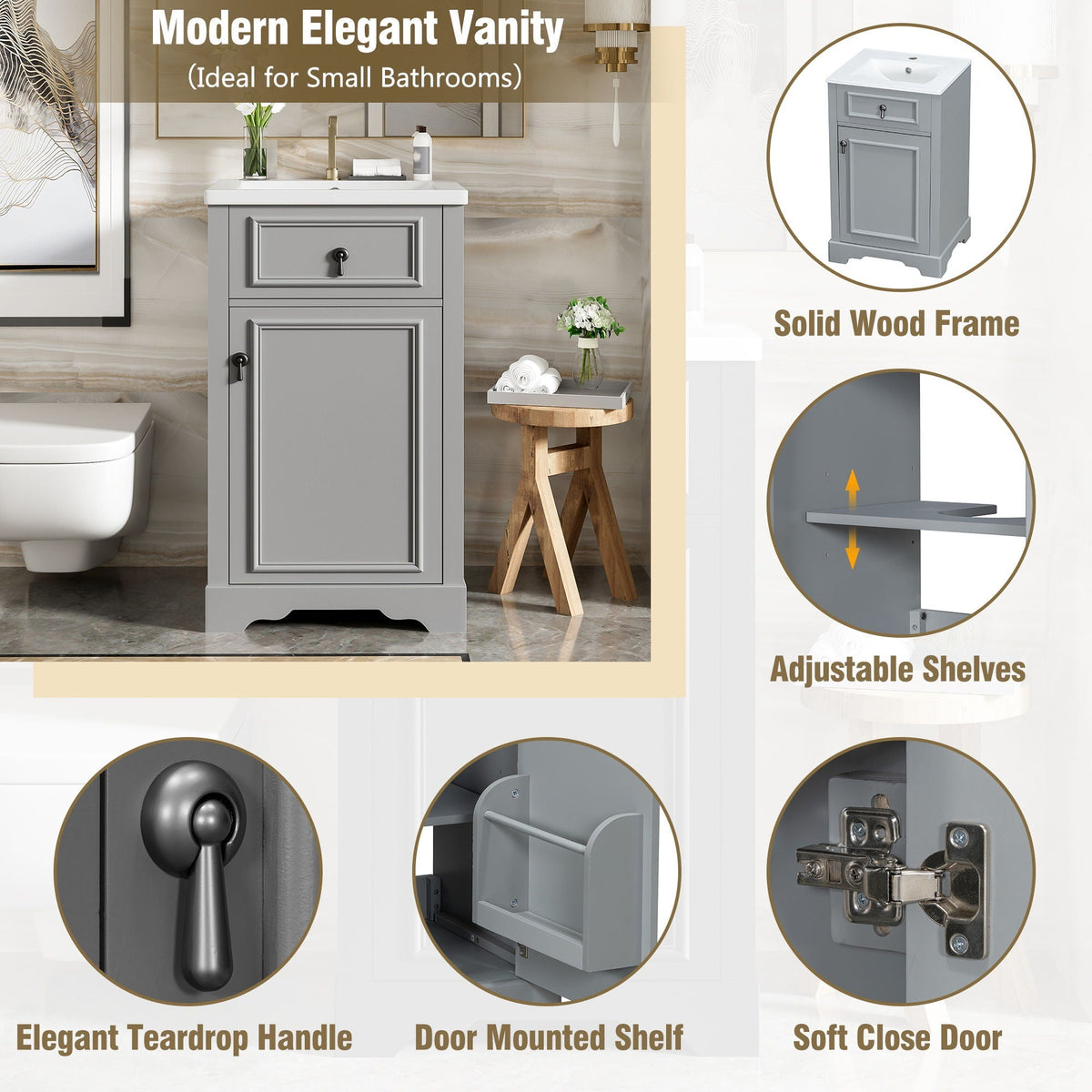 Elegant Bathroom Vanity With Ceramic Sink, Soft Close Door, Adjustable Shelf