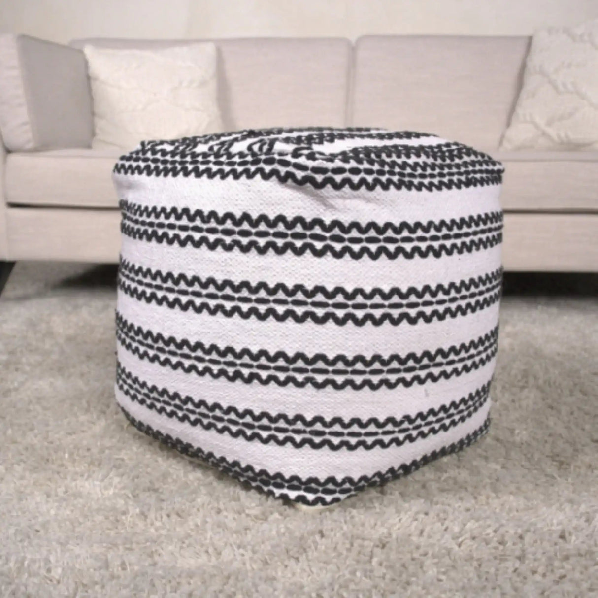 Lani Handcrafted Fabric Pouf - Durable Cotton Square in Natural / Black