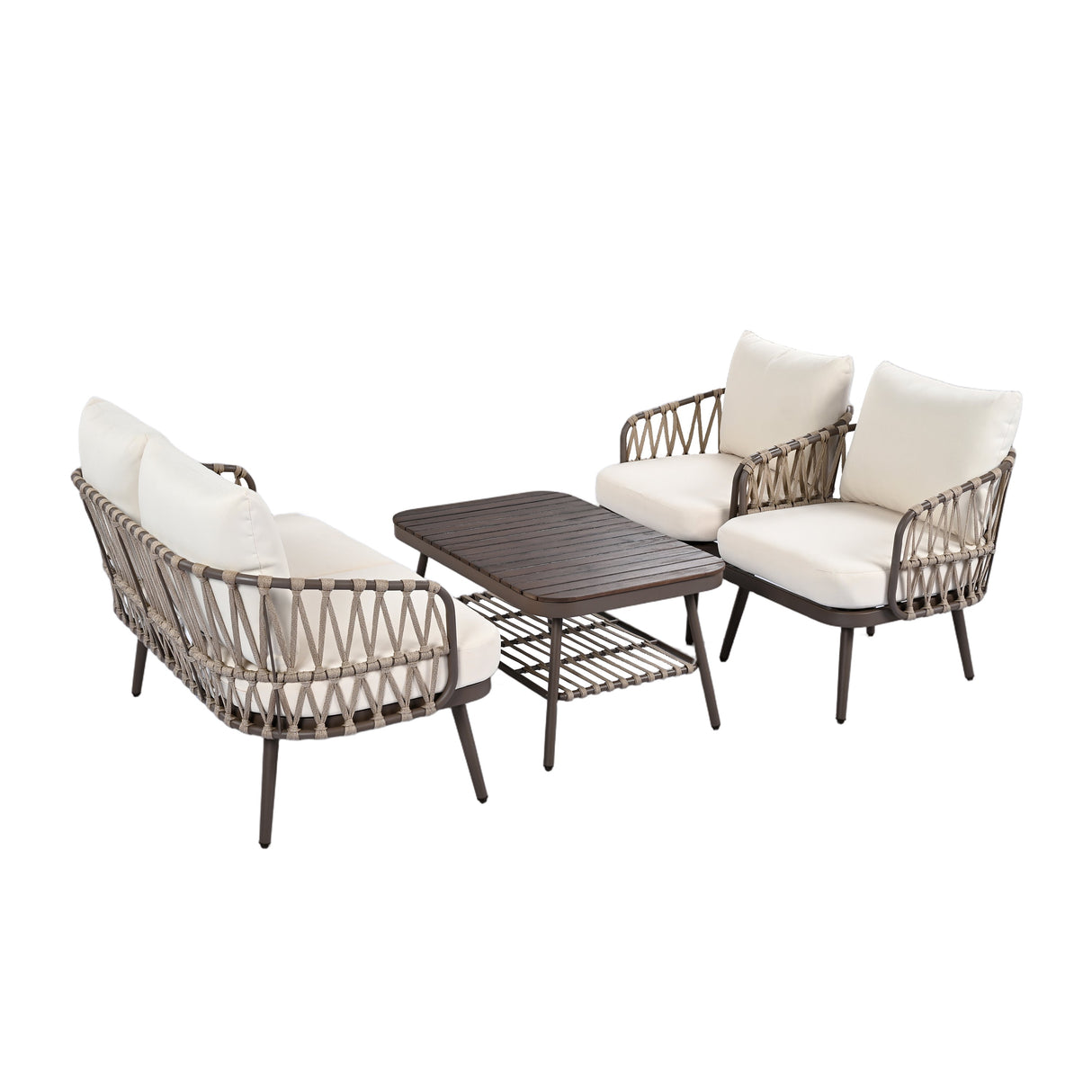 4-Piece Outdoor Patio Furniture Set with Metal Frame and Woven Rope