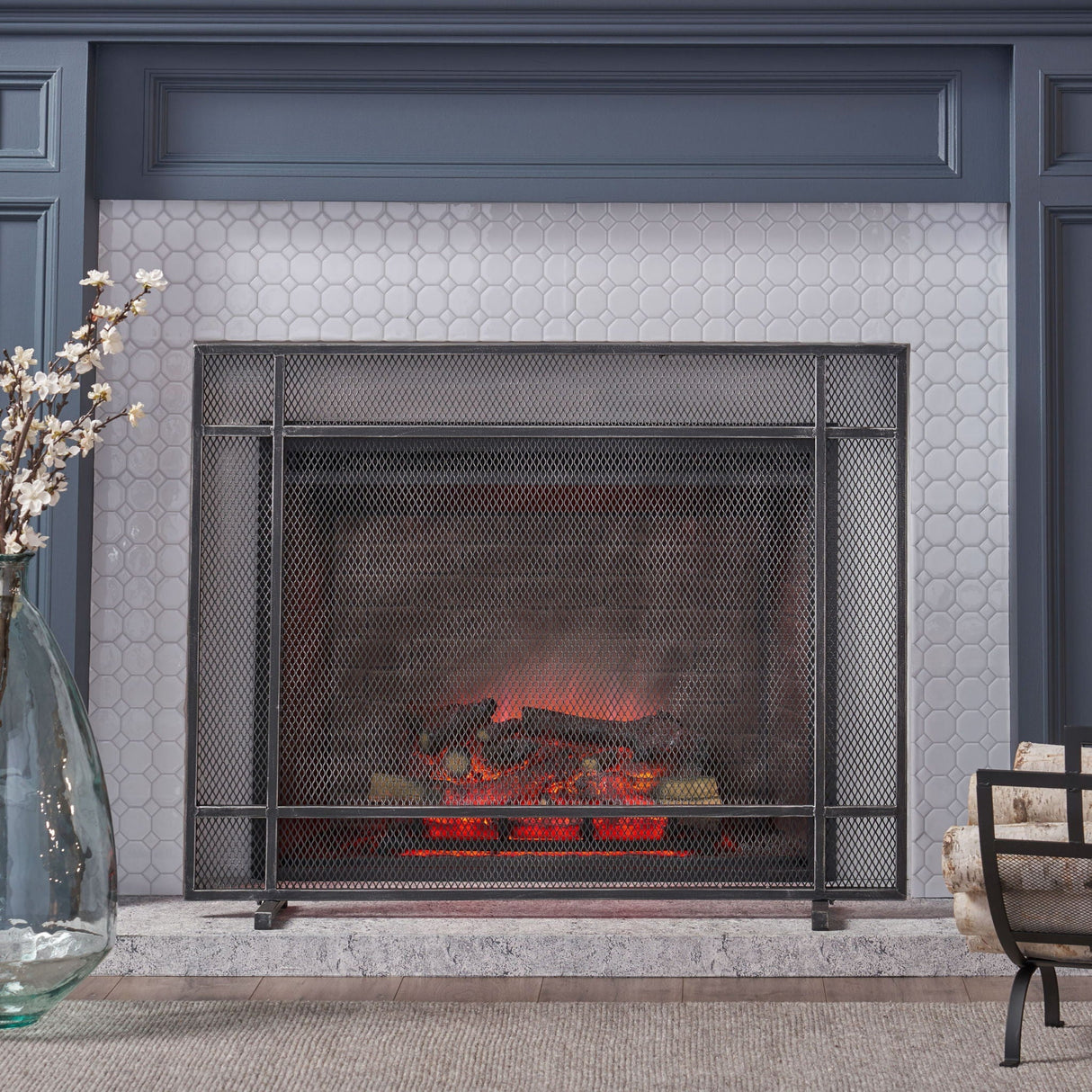 Markus - Modern Single Panel Iron Firescreen Black Brushed Silver
