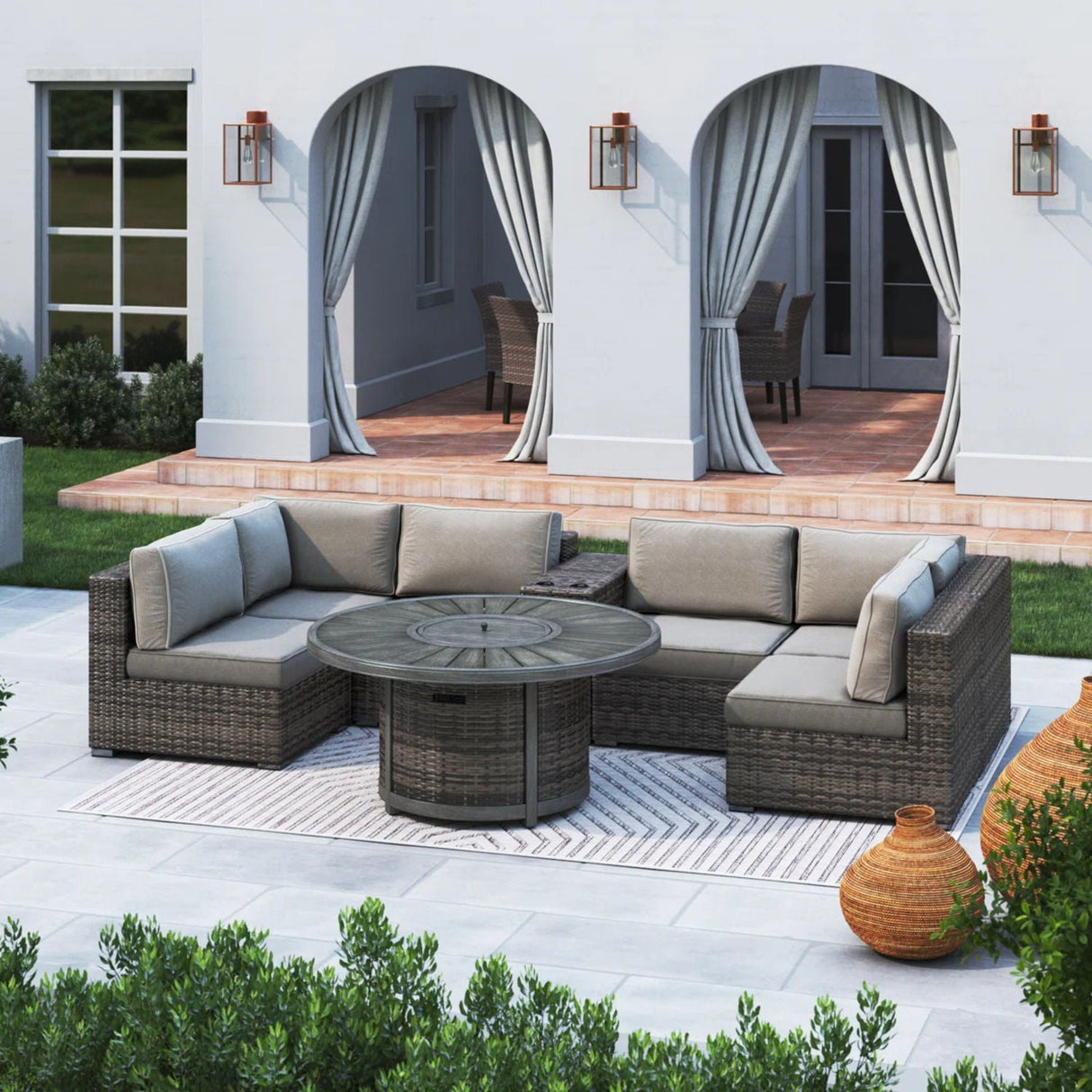 All Weather 4 Person Patio Sofa Set With Fire Pit And Side Table Rustproof - Brown