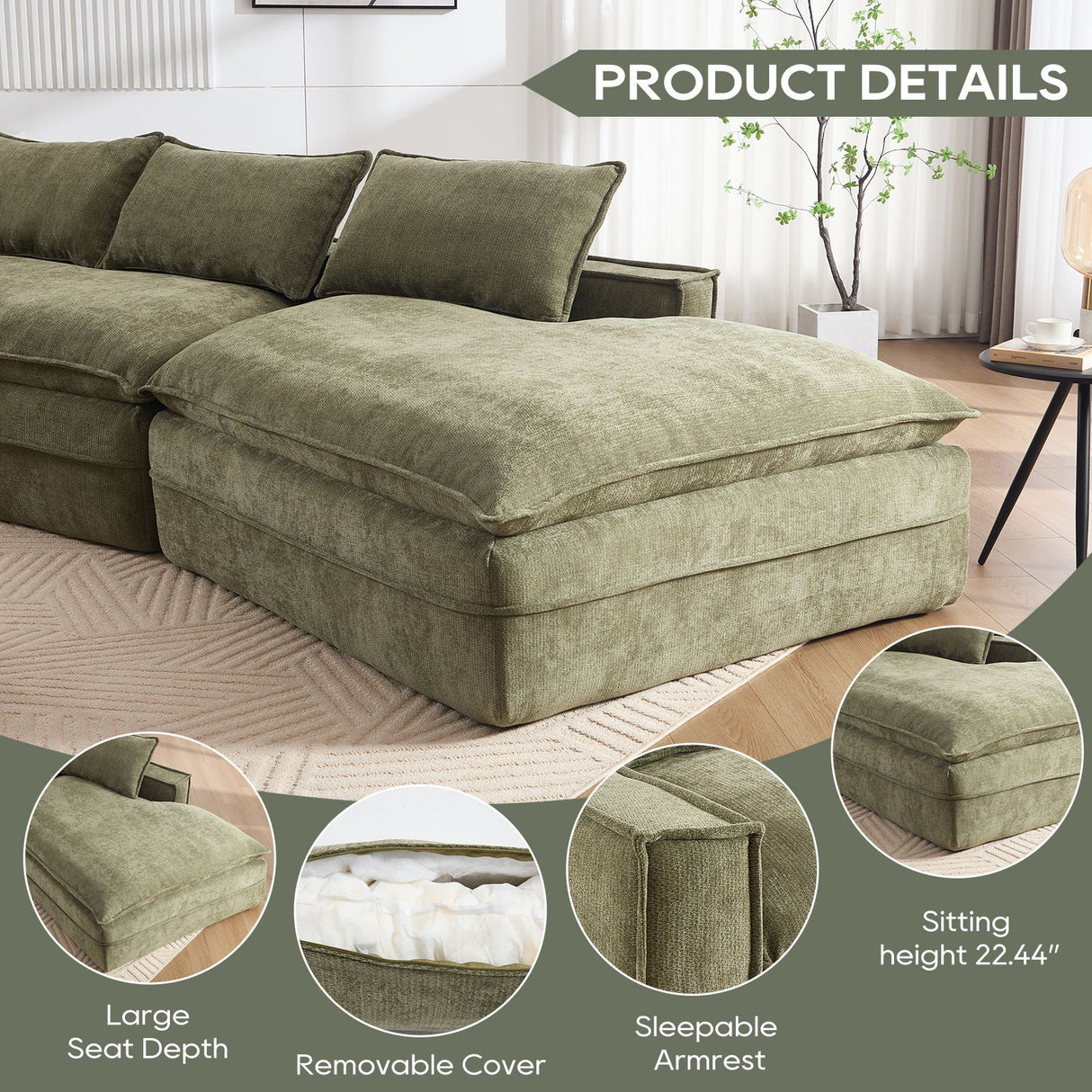 Modern Minimalist Modular Sectional Sofa With Deep Seats And Right Facing Chaise