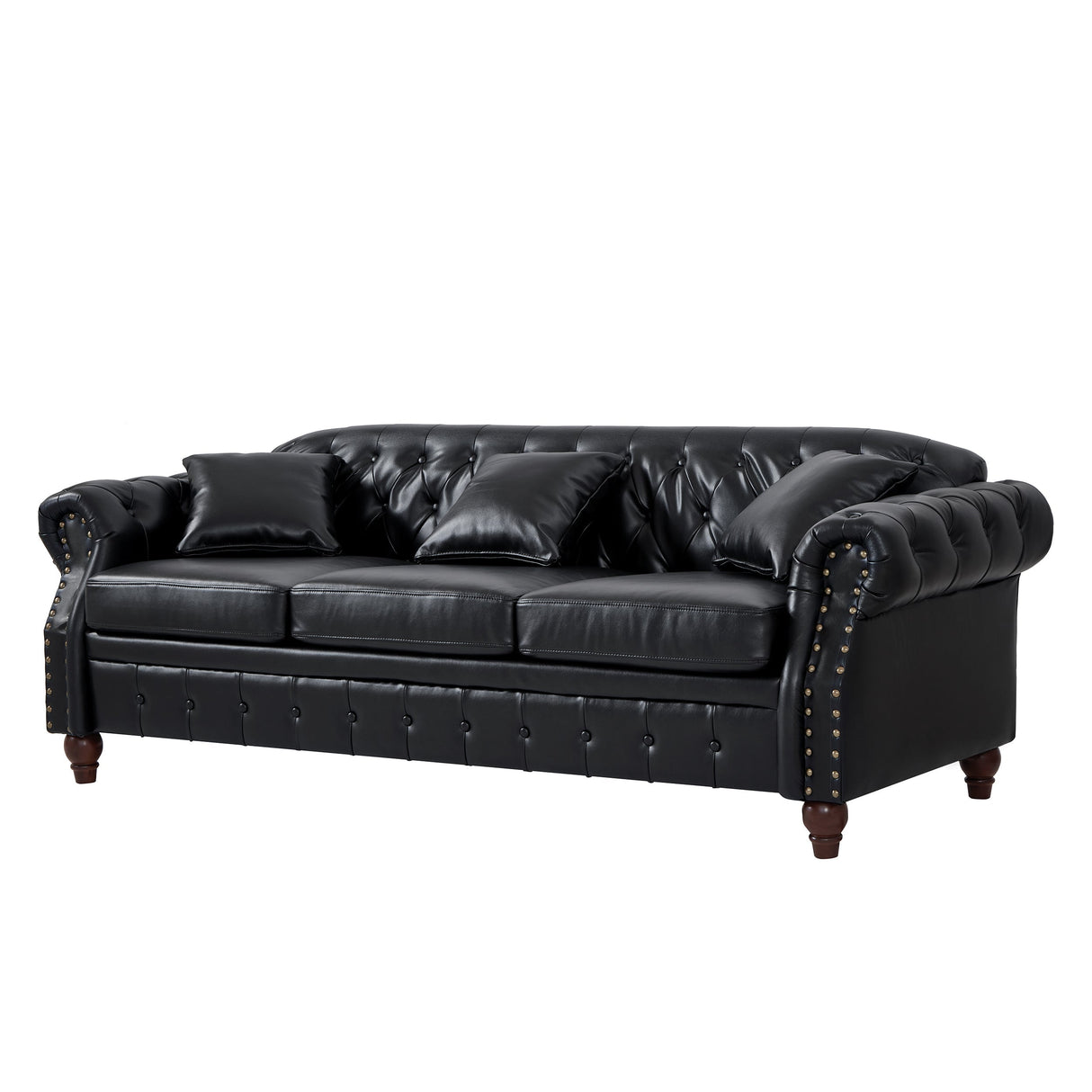 85.8' Living Room Chesterfield Sofa Classic Tufted Design Faux Leather PU Upholstered Sofa with Storage (Black)