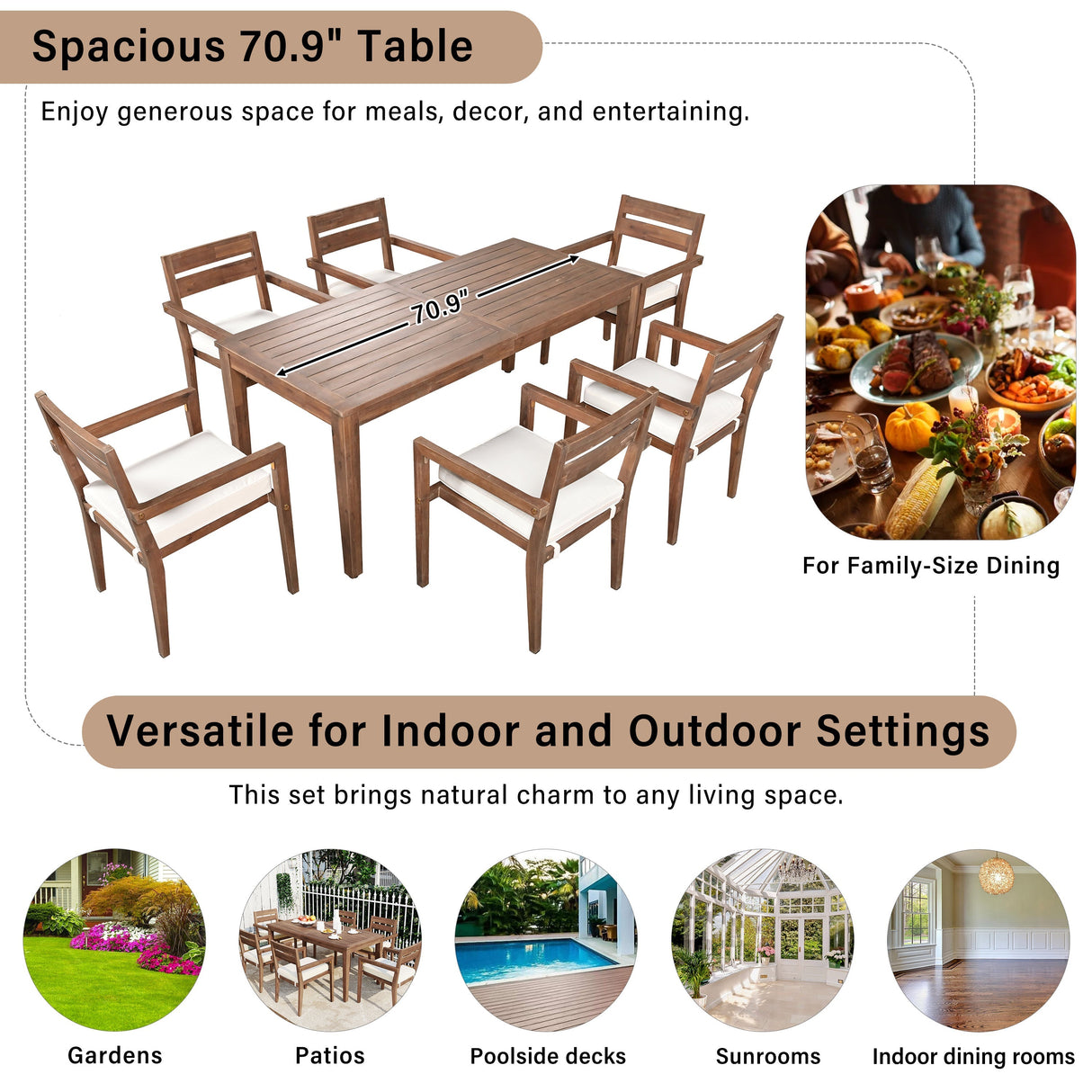 U_Style 7 Pieces Acacia Wood Outdoor Dining Set with Cushions