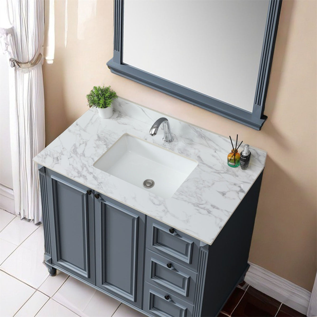 Elegant Bathroom Vanity Top With Rectangular Ceramic Sink And Backsplash