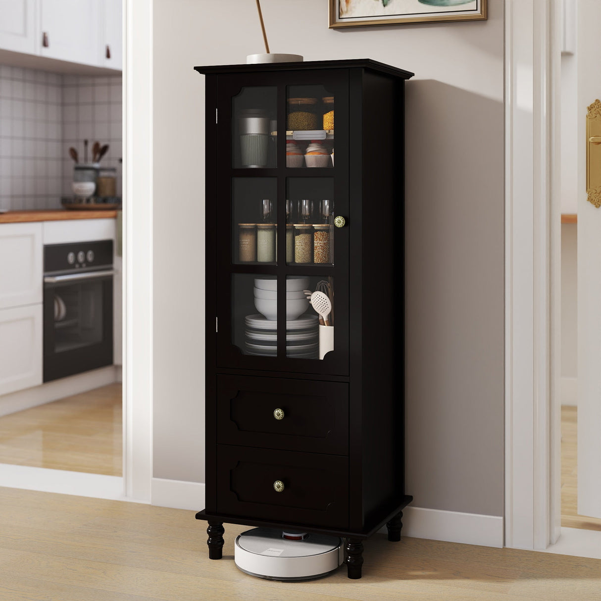 Black Tall Storage Cabinet with Glass Door & 2 Drawers