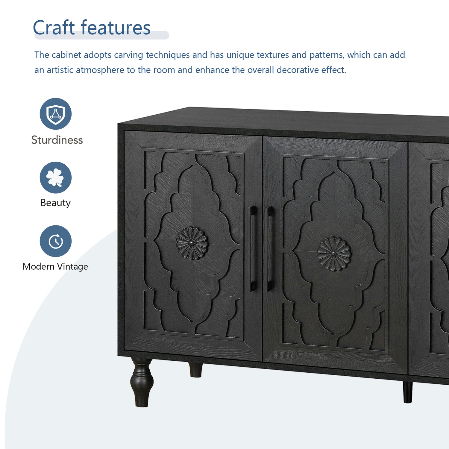 Carved flower door large storage cabinet with metal handle (black)