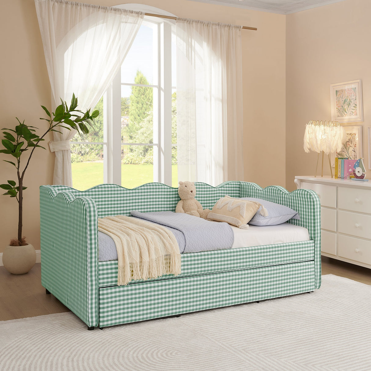 Cozy Gingham Daybed with Trundle Twin Size Sofa Bed No Box Spring Needed, with USB Port and Adorable Wave Shaped, Linen Fabric