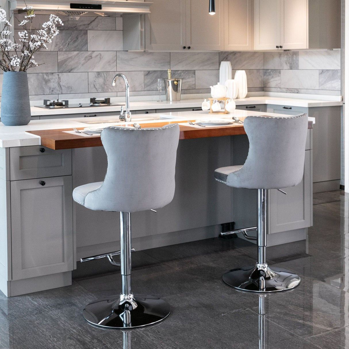 Swivel Barstools Adjusatble Seat Height From 25-33", Modern Upholstered Base Bar Stools With Backs Comfortable Tufted For Home Pub And Kitchen Island (Set of 2)