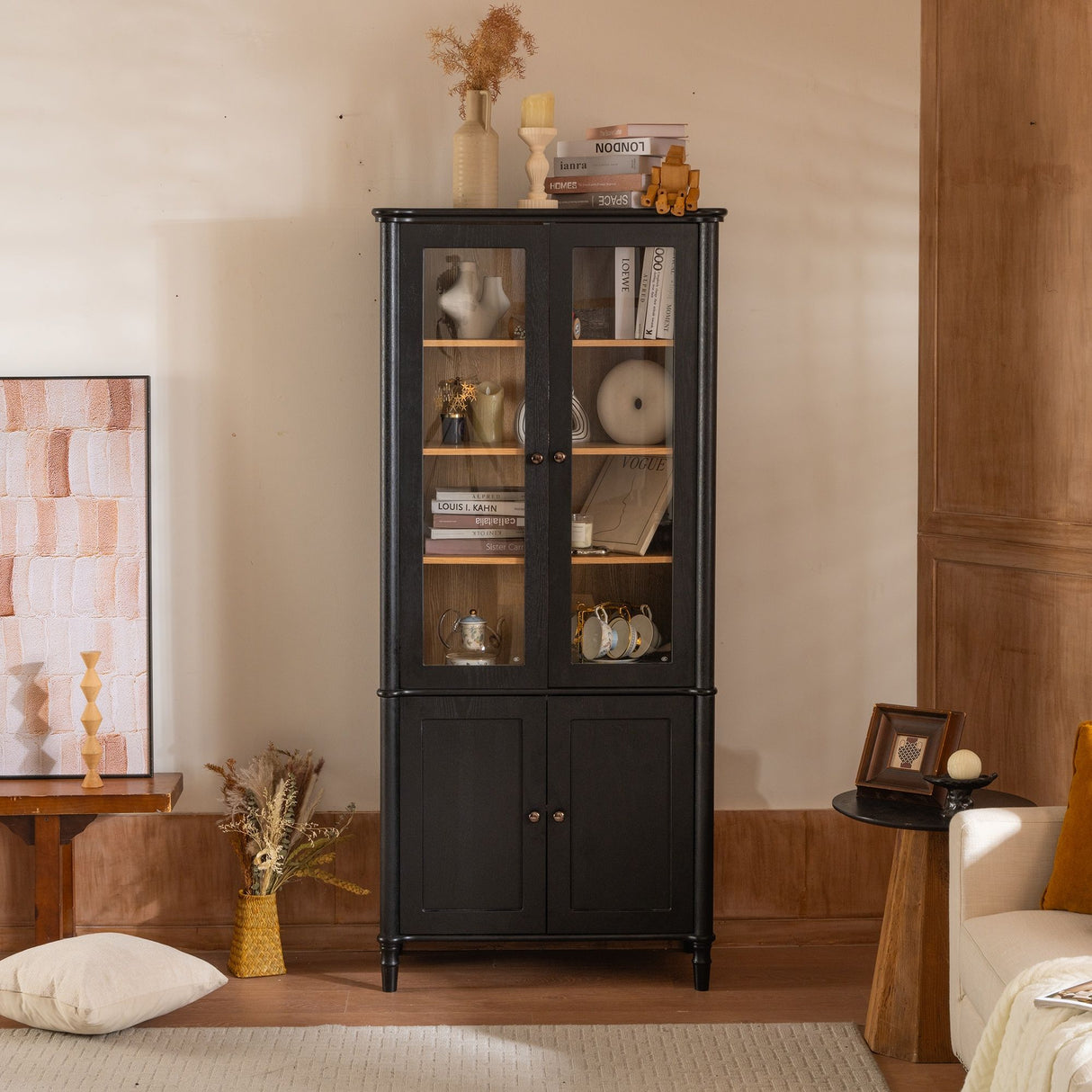 Vintage Display Cabinet With Double Glass Doors, Traditional Style For Collectibles, Ash Wood Veneer, 73.25" Tall - Black / Natural