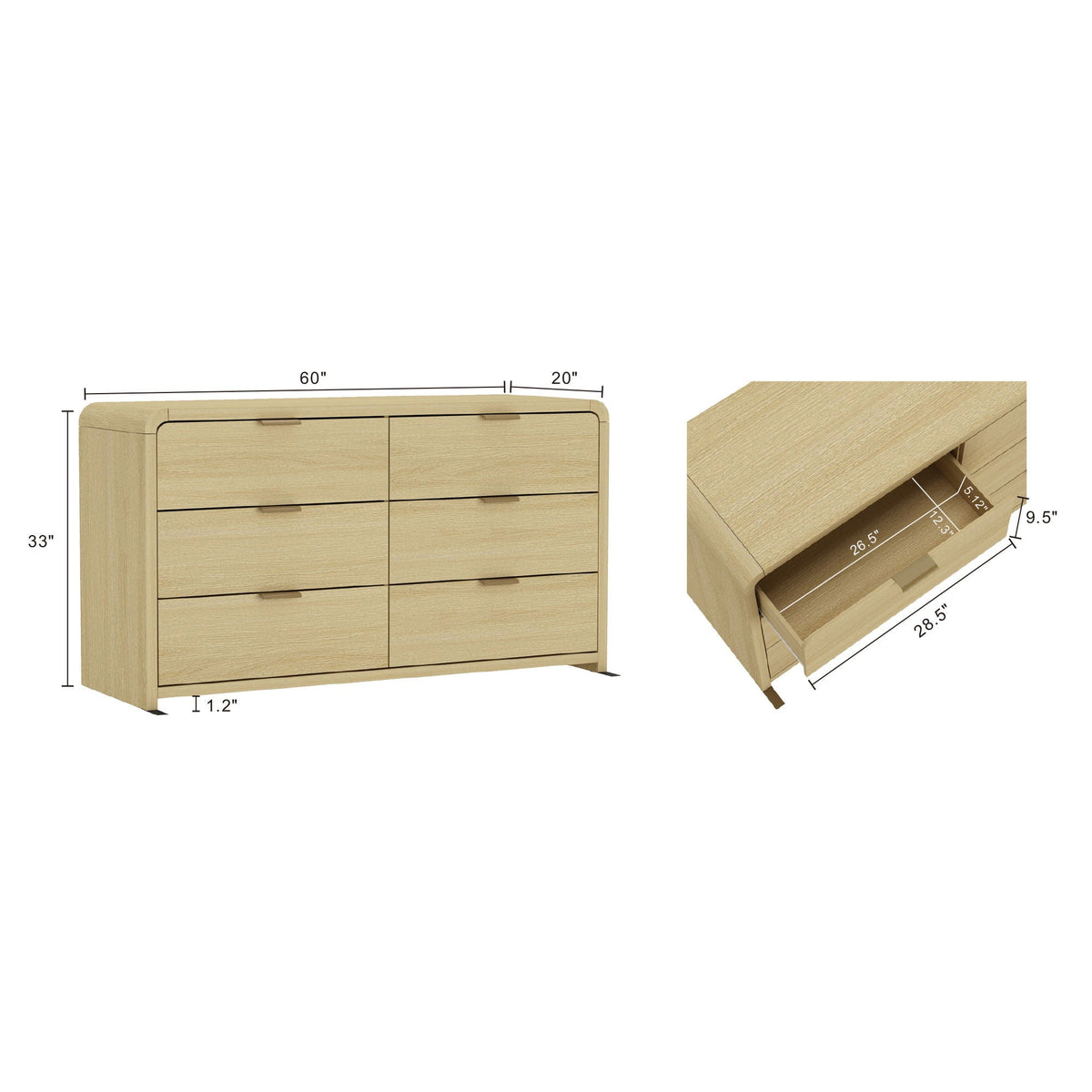 Oak Double Dresser with 6 Drawers - Grace Collection