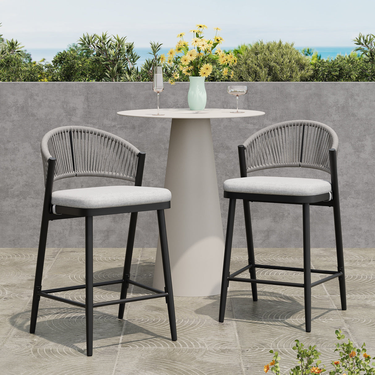 Outdoor 26' Counter Height Metal Frame Counter Stools with Scallop-shaped Backrest & Water-resistant Cushions, Set of