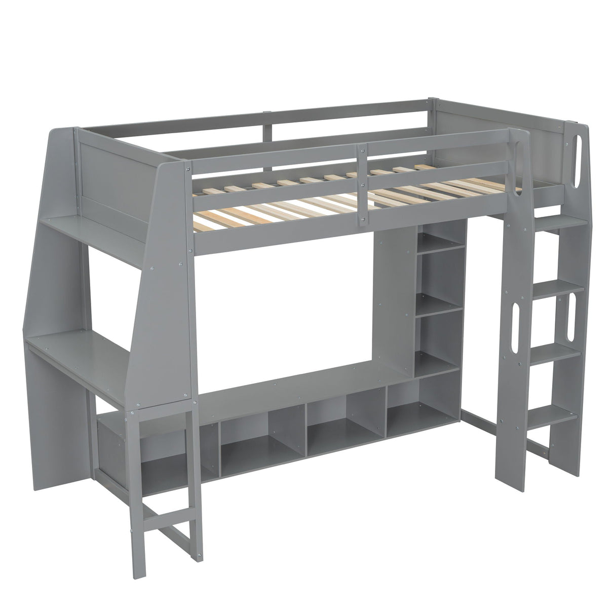 Gaming Loft Bed With Desk, Multi Storage Shelves, LED Lighting, And Hanging Clothes Rack