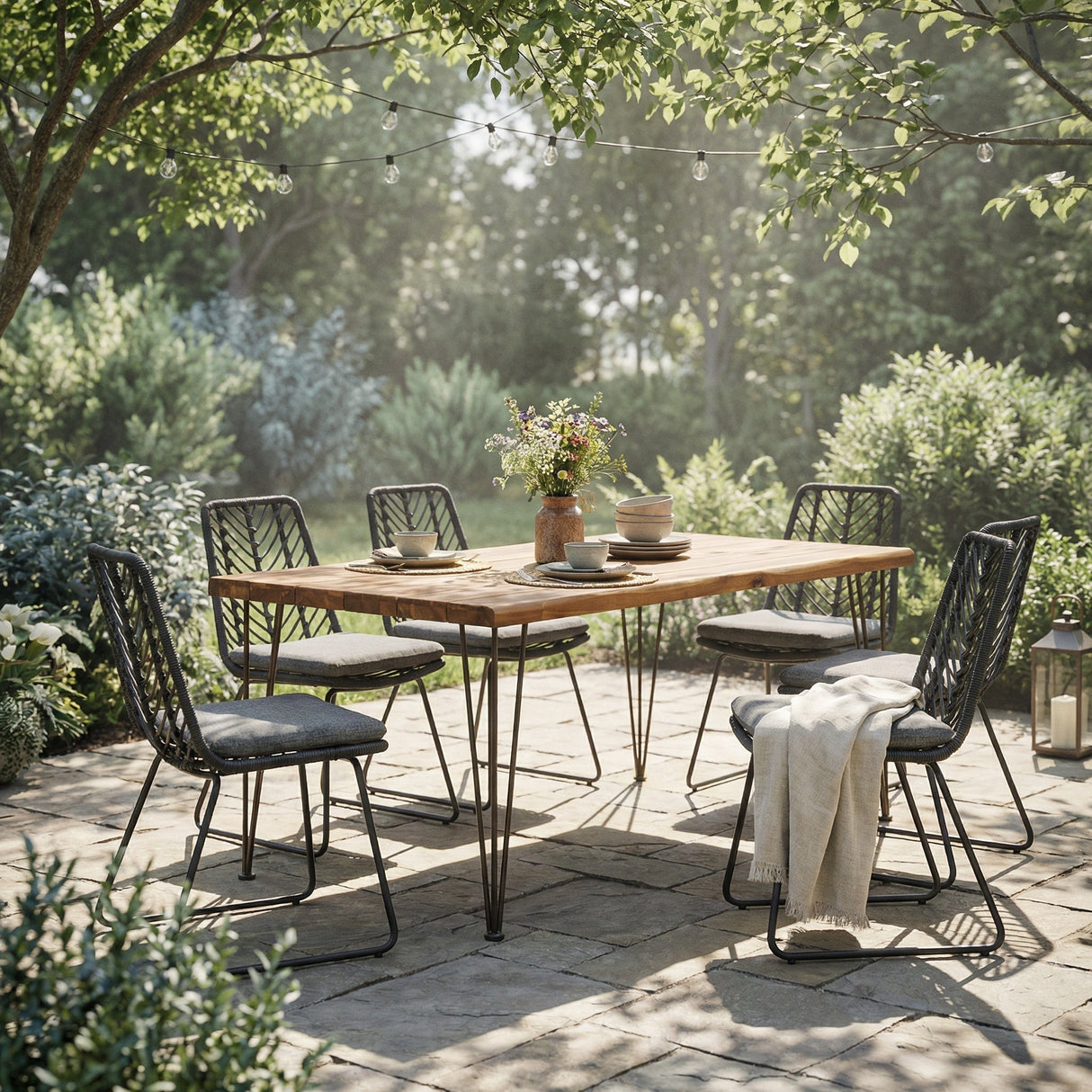 7-Piece Outdoor Dining Set for 6 with Acacia Wood Table and Rattan Chairs