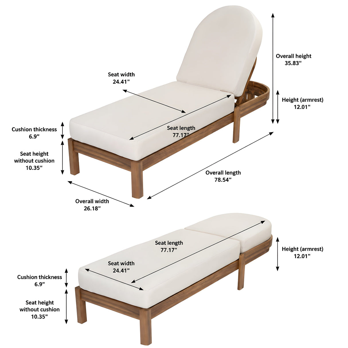 Patio Acacia Wood Chaise Lounge Chairs with Adjustable Backrest Set of 2