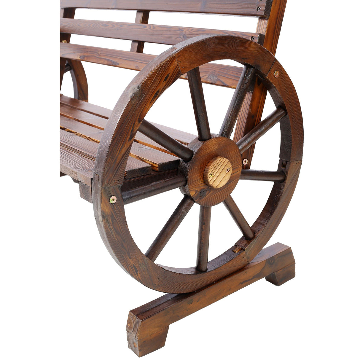 Rustic Country 2 Person Wooden Wagon Wheel Bench With Slatted Seat And Backrest - Brown