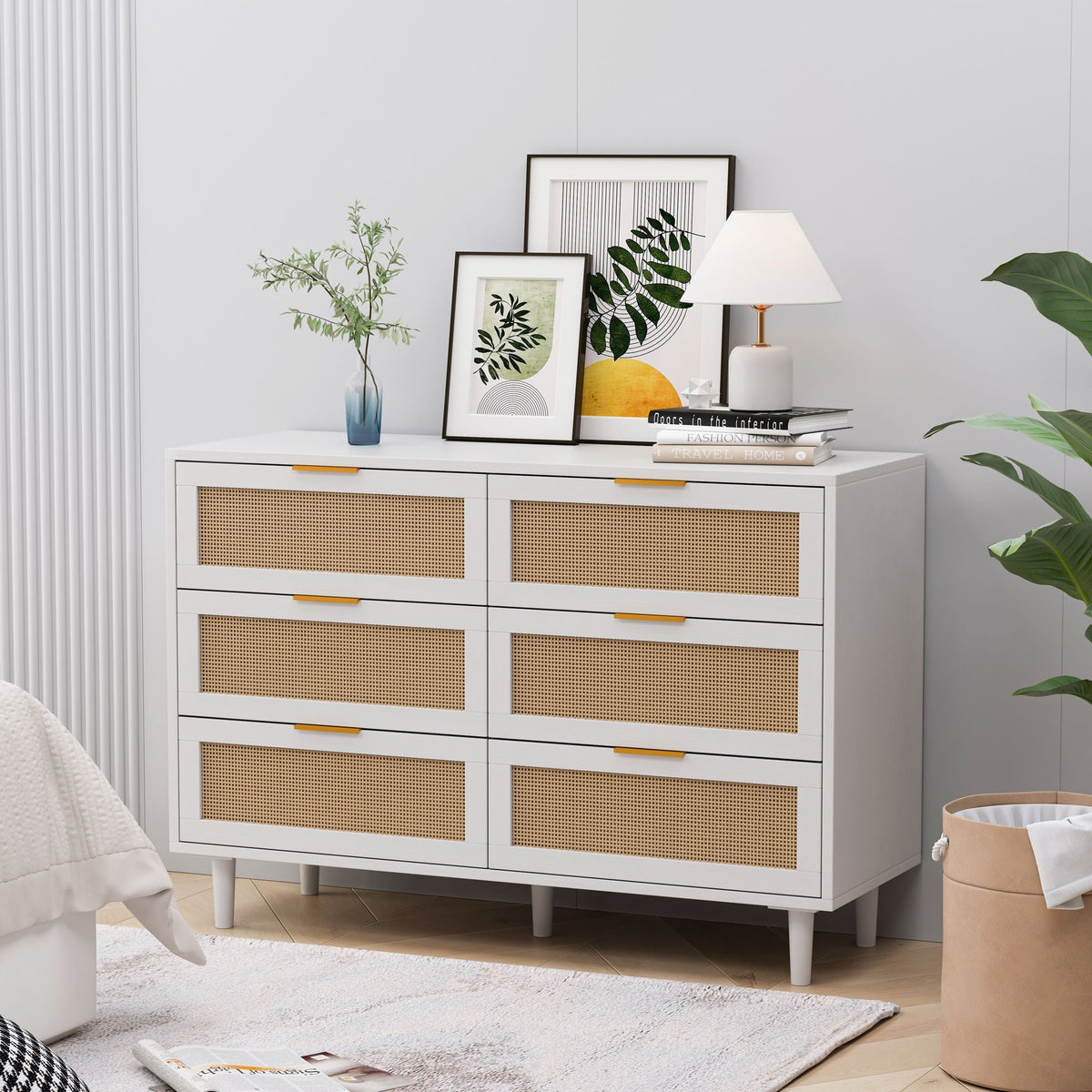 6 Drawer Storage Cabinet with Modern Rattan Drawers - Light Brown, Black, or White