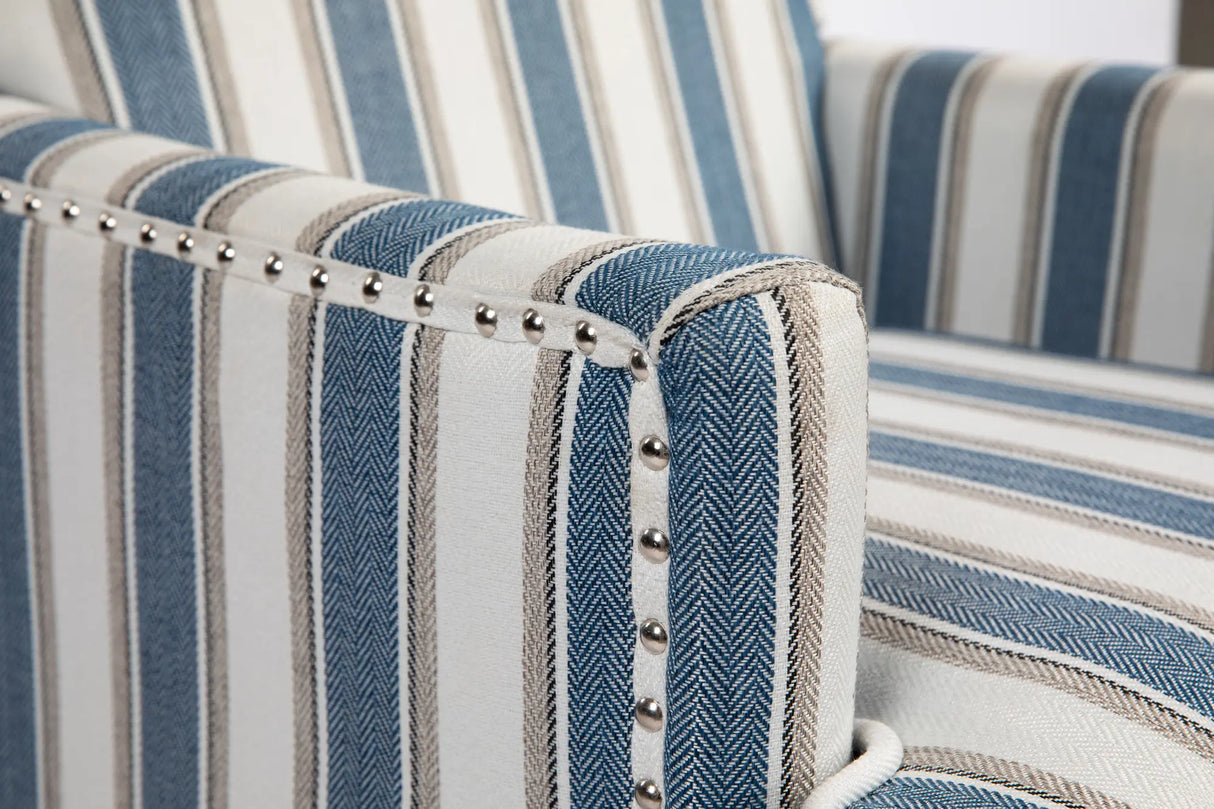 Upholstered Accent Chair with Striped Linen Fabric and Nailhead Trim