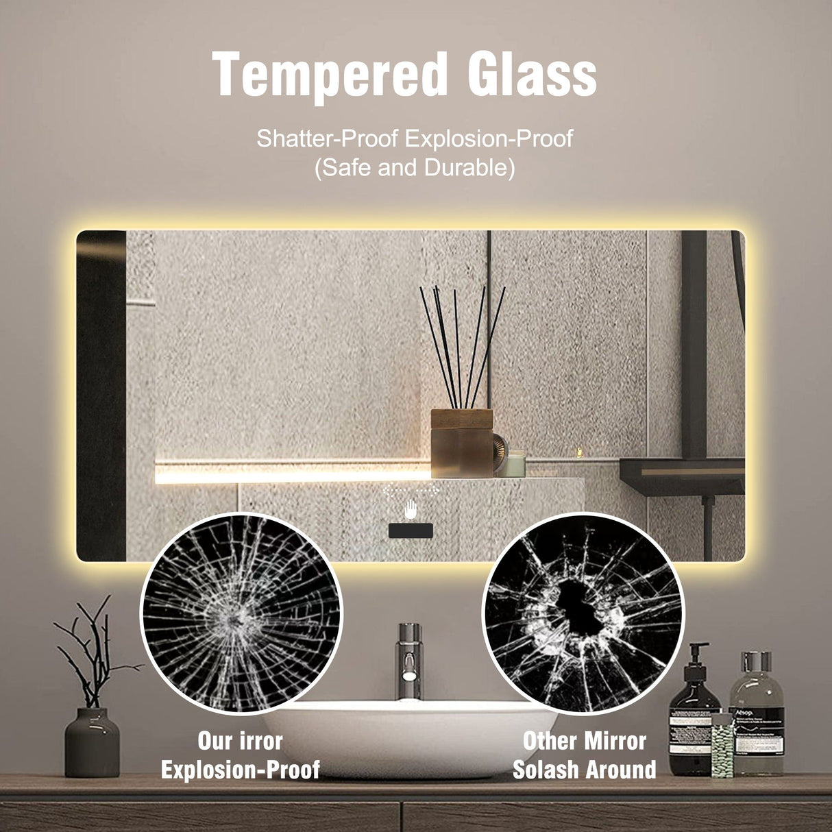 Frameless Bathroom Mirror With Light, LED Backlit, Tri Color Dimming, Anti Fog, Smart Sensor - Silver