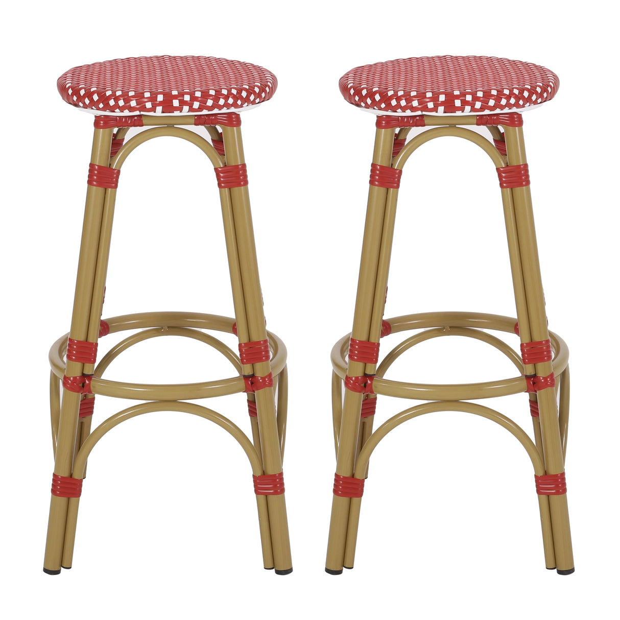 Outdoor PE Rattan and Aluminum French Backless Barstools, Set of 2
