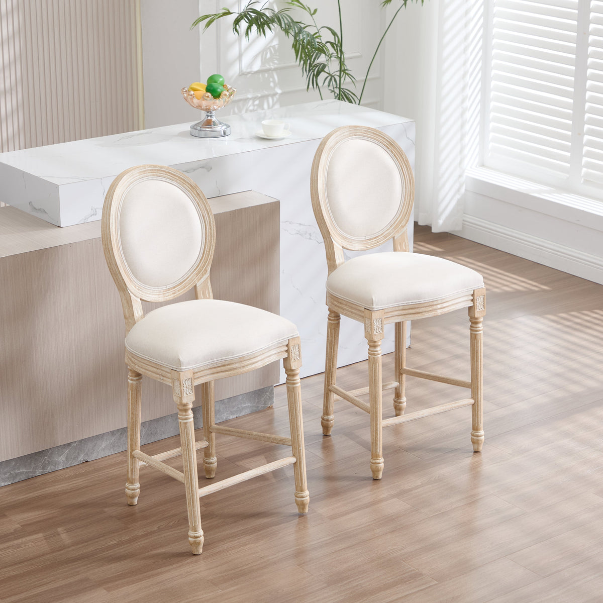 French Country 26'' Height Bar Chairs with Beige Linen Upholstery - Set of 2