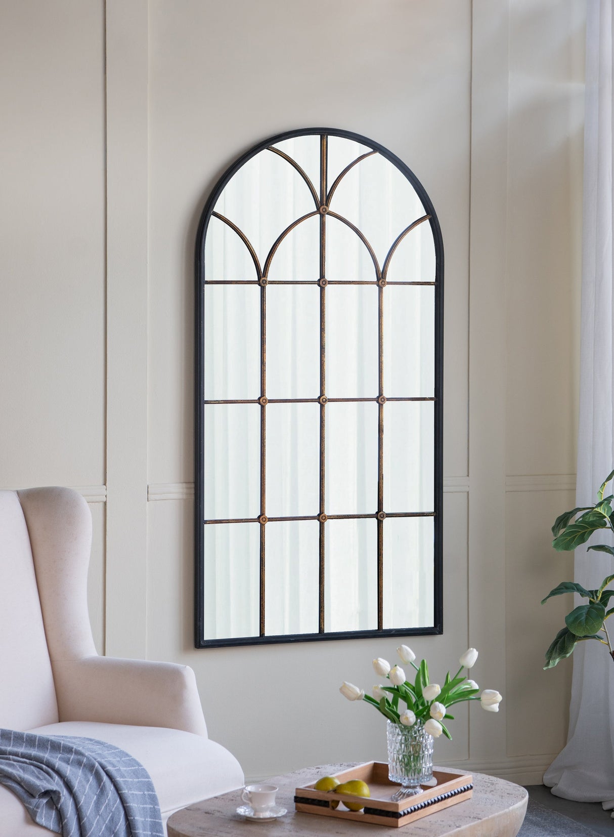 34x65.5' Arched Full-Length Mirror with Black and Gold Windowpane Design