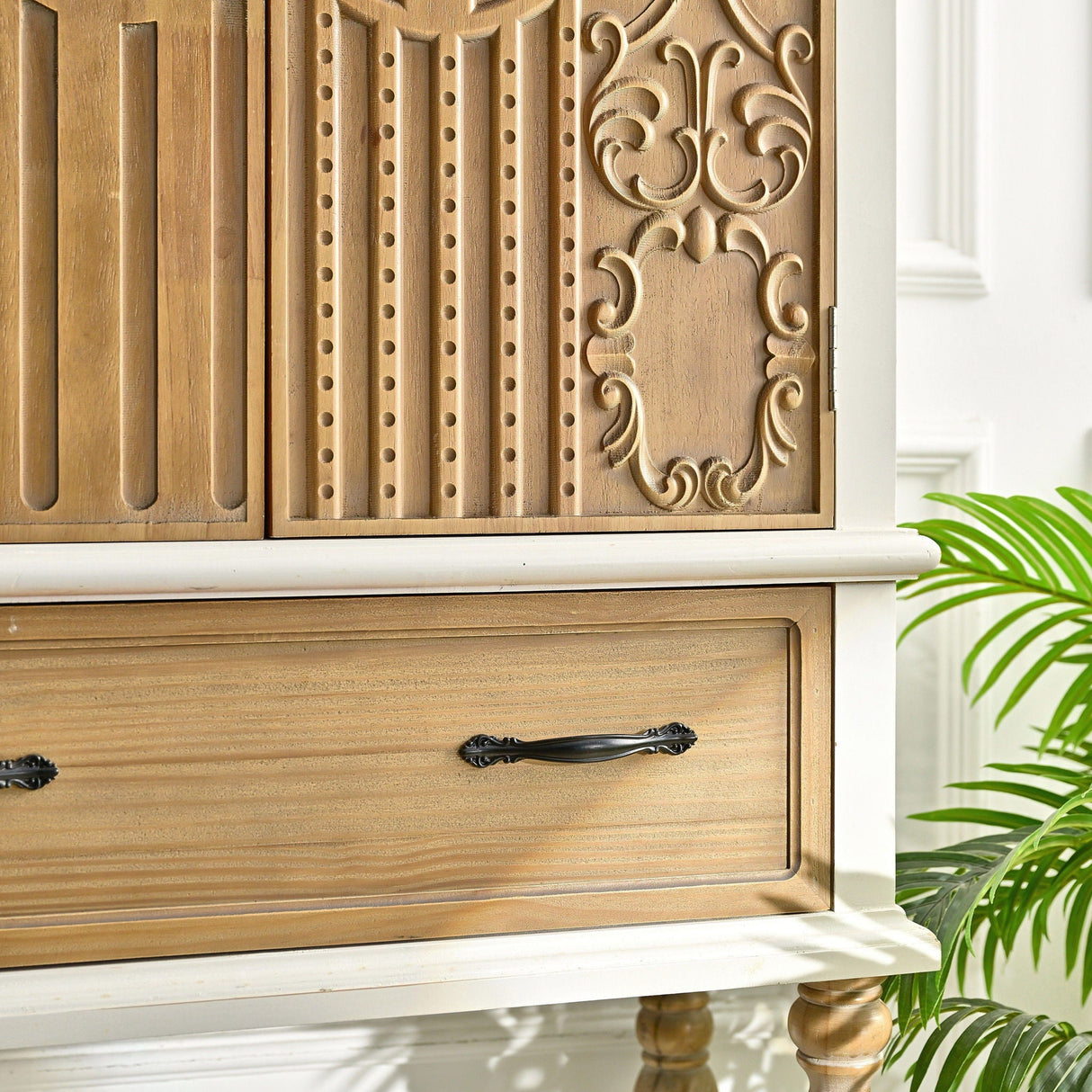 Arched Flower Carved Door Accent Sideboard Cabinet With 1 Drawer And Shelf, Cabinet For Kitchen - Natural / White